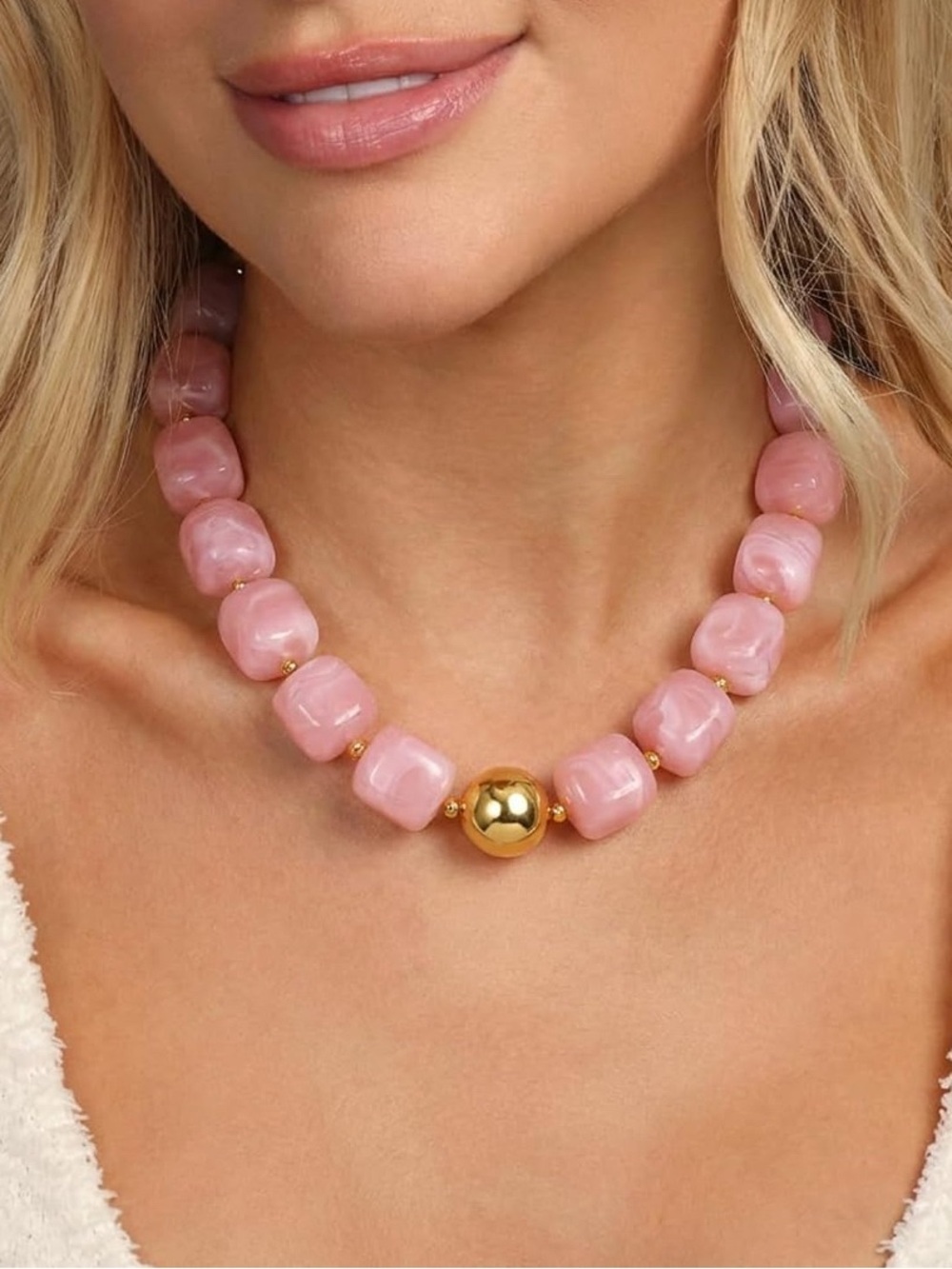 Pink Dopamine Marbled Beaded Necklace with Gold Accent